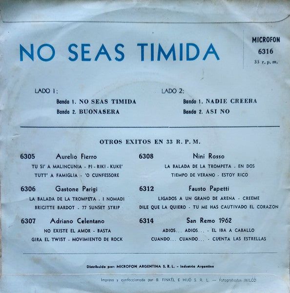 Adriano Celentano : No Seas Timida (7", EP, Mono)