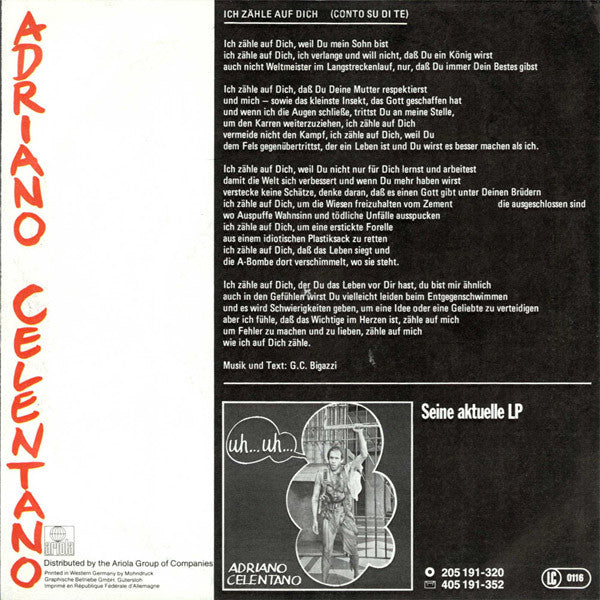 Adriano Celentano : Conto Su Di Te (7", Single)