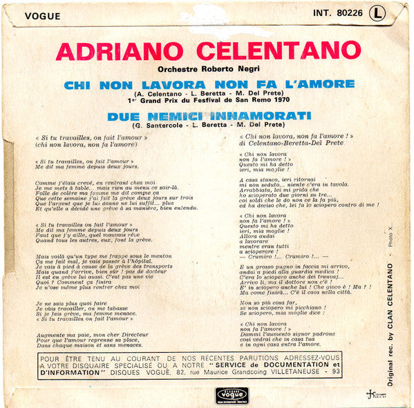 Adriano Celentano : Chi Non Lavora Non Fa L'Amore (7", Single)