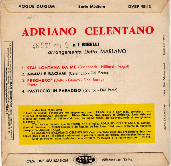 Adriano Celentano : Pregherò / Stai Lontana Da Me (7", EP)