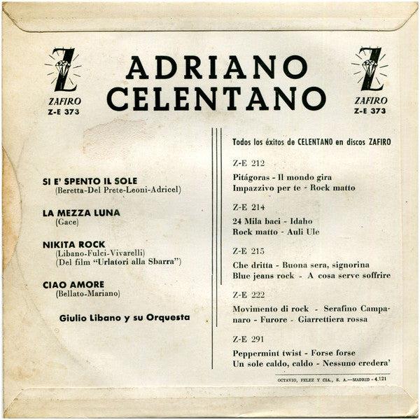 Adriano Celentano - Giulio Libano Y Su Orquesta* : Si E' Spento Il Sole (7", EP)