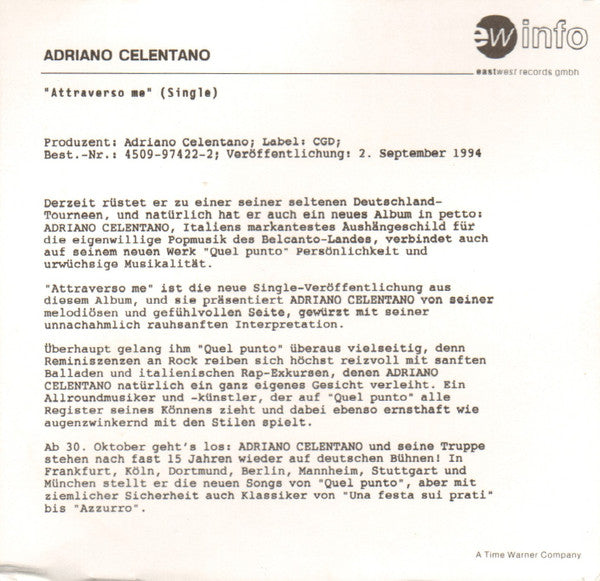Adriano Celentano : Attraverso Me (CD, Single)