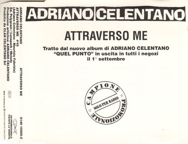 Adriano Celentano : Attraverso Me (CD, Single, Promo)