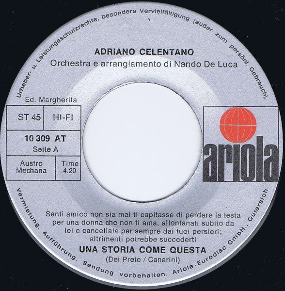 Adriano Celentano : Una Storia Come Questa (7", Single)
