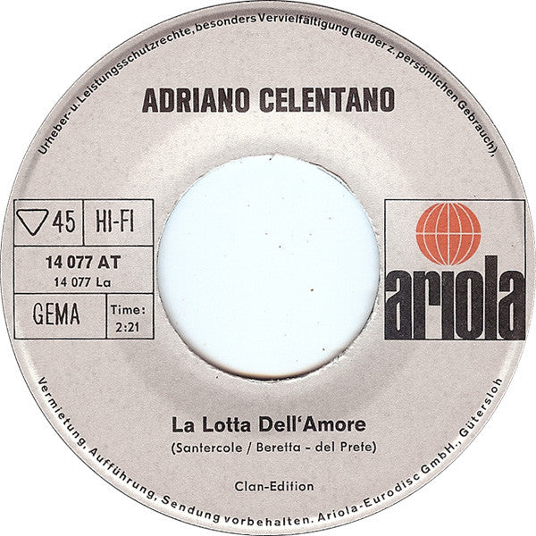 Adriano Celentano : La Lotta Dell'Amore (7", Single, Mono)