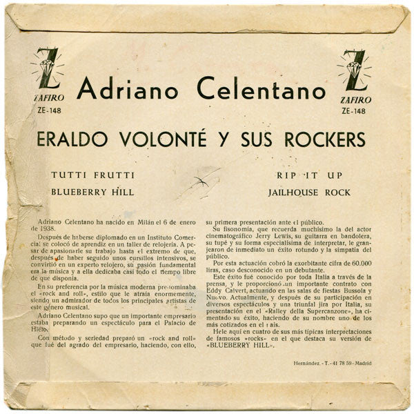 Adriano Celentano Con Eraldo Volonté & His Rockers* : Rip It Up / Jailhouse Rock / Tutti Frutti / Blueberry Hill (7", EP)