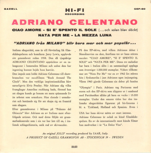 Adriano Celentano : Ciao Amore (7", EP, Blu)