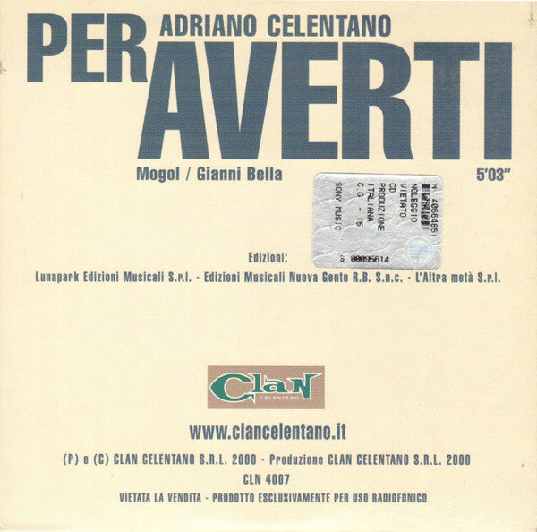 Adriano Celentano : Per Averti (CD, Single, Promo, Car)