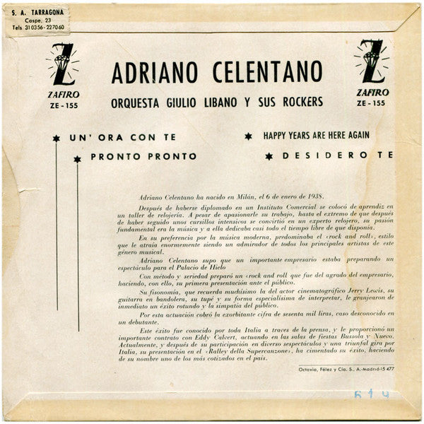 Adriano Celentano - Orquesta Giulio Libano Y Sus Rockers* : Un' Hora Con Te (7", EP)